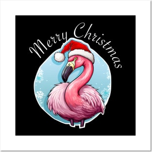 Pink Flamingo Wearing Santa Hat - Merry Christmas (White Lettering) Posters and Art